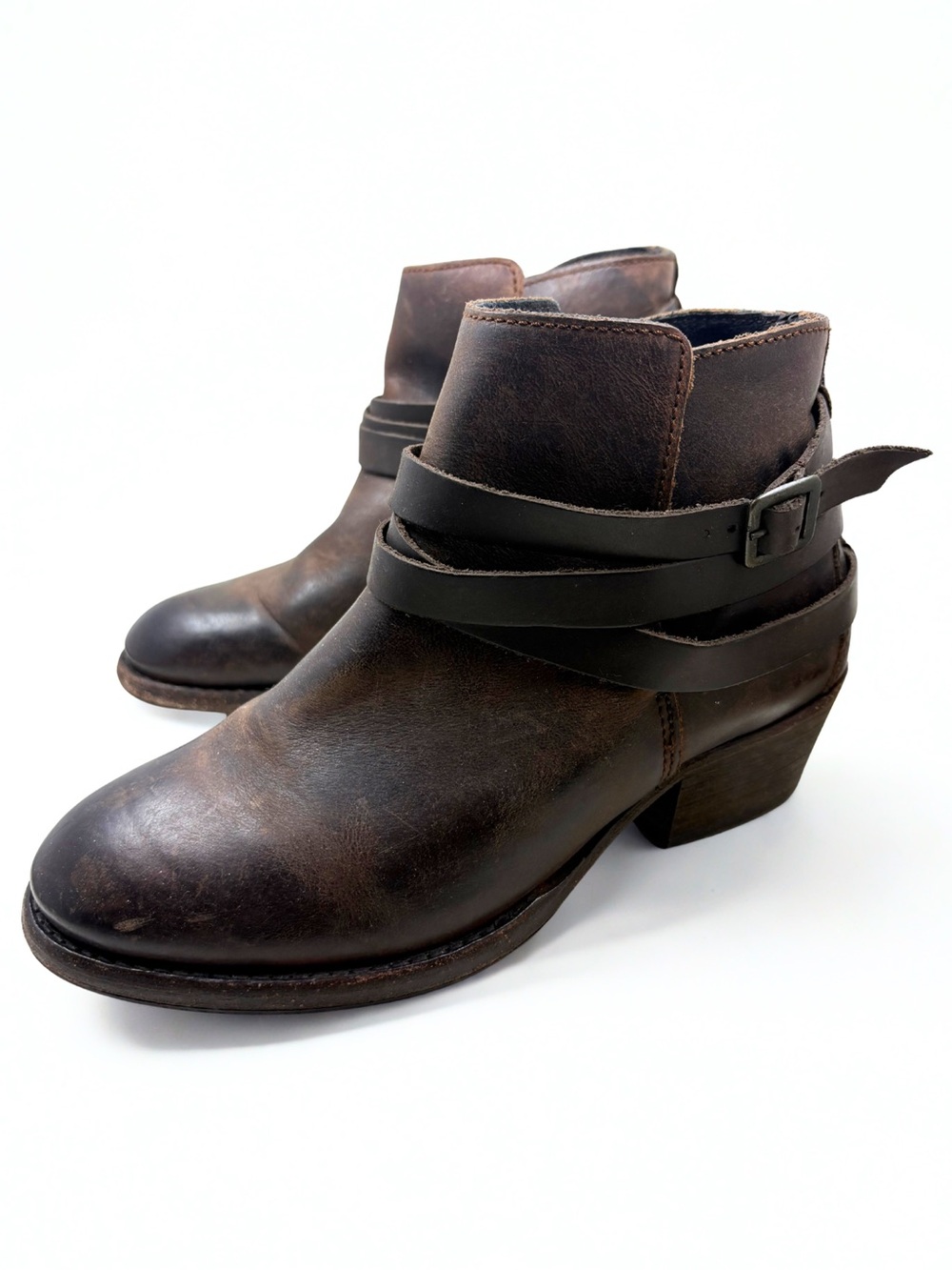 Women's Brown Leather Ankle Boots with Wrap Strap